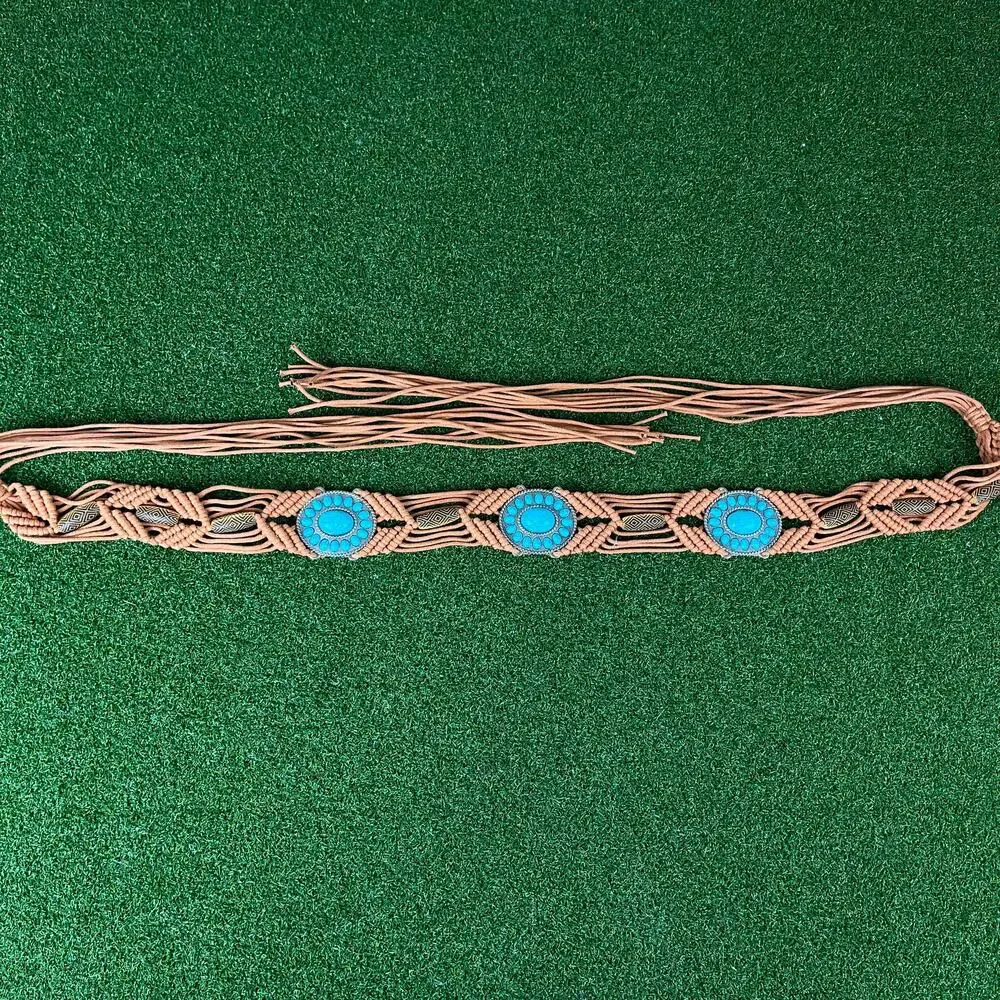 Boho Macrame Belt Turquoise Concho Brown Cord Western Southwestern Fringe 70
